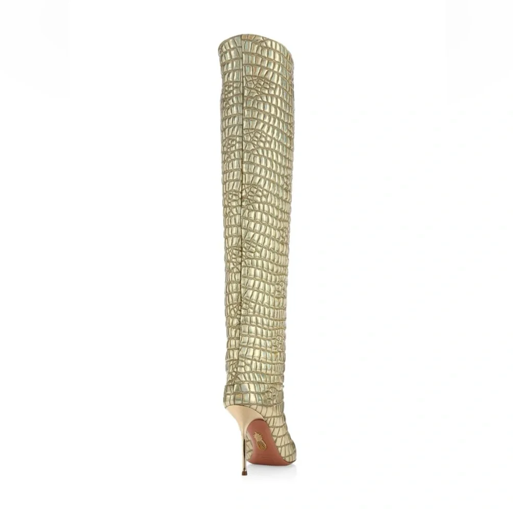 Aquazurra Boreal Metallic Gold Croc-Embossed Over-The-Knee Boots - size 37.5 EUC